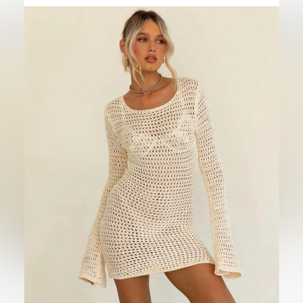 Crochet, long sleeve, mini dress